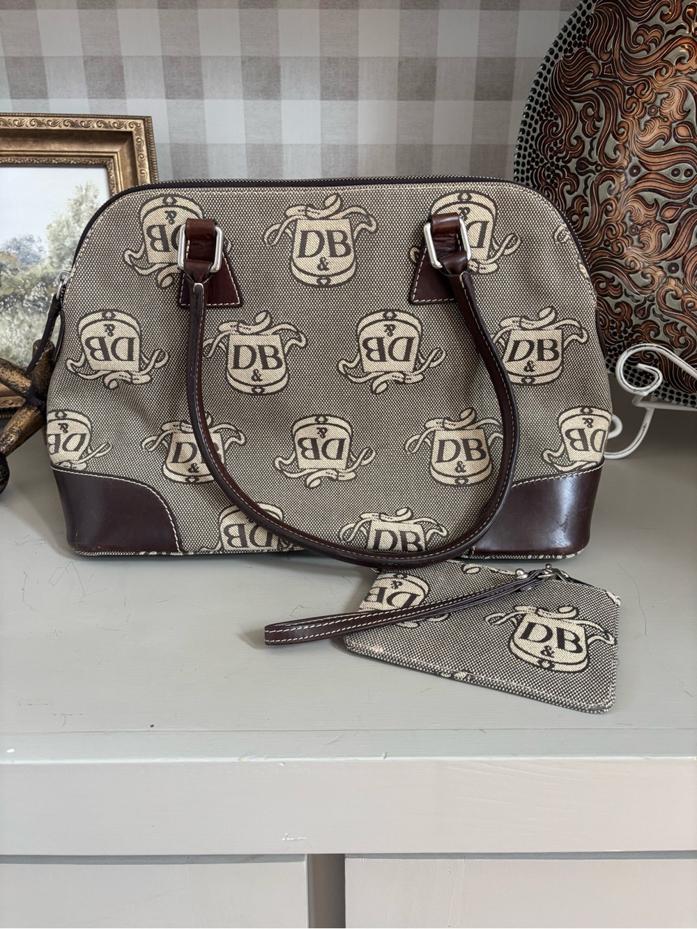 Dooney & Bourke Signature Monogram Satchel Handbag + Matching Wristlet Brown